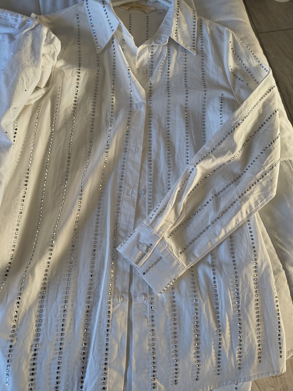 3 Assorted Women's White Embellished Button-Up Blouses +  Long "Balloon" Sleeve